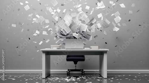 Obraz na płótnie A modern office scene with a desk overwhelmed by flying documents and papers. The clean design contrasts with the chaotic storm of paperwork, symbolizing work overload and productivity challenges. w salonie