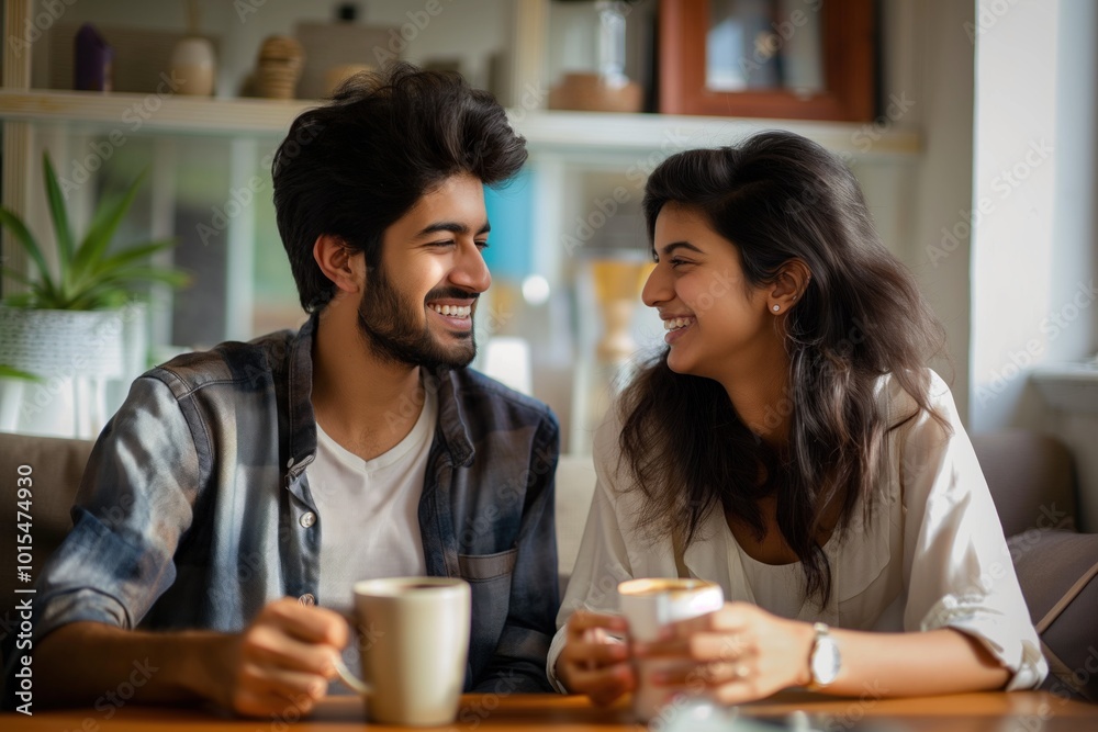 Indian couple enjoys coffee and tea at home. Man and woman sit at table with vase of flowers. Woman holds tea cup, man holds coffee cup. They smile, happy, relaxed, in love, together. Indian couple enjoys coffee and tea at home. Man and woman sit at table with vase of flowers. Woman holds tea cup, man holds coffee cup. They smile, happy, relaxed, in love, together.