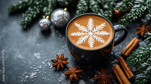 A cup of aromatic coffee on the background of Christmas decorations with fir branches, Christmas ornaments, sprigs of vanilla and badiane photo