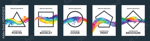 Watercolor rainbow background over geometric frame vector design headline, logo and sale banner template set