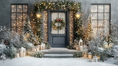 Snowy front porch decorated with Christmas lights and lanterns.