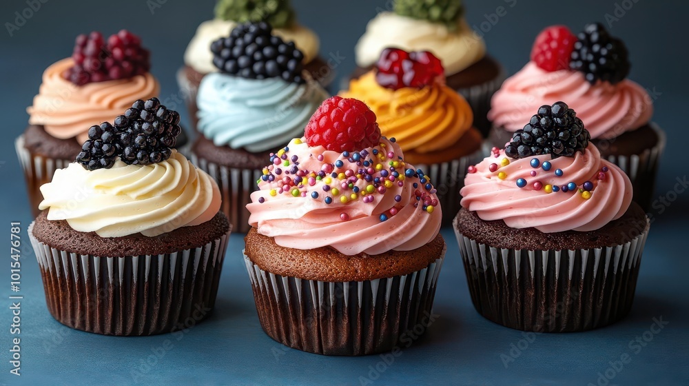 delicious array of cupcakes topped with colorful cream in a variety of flavors beautifully arranged on a blue background enticing the viewer with their sweet appeal and perfect for celebrations delicious array of cupcakes topped with colorful cream in a variety of flavors beautifully arranged on a blue background enticing the viewer with their sweet appeal and perfect for celebrations