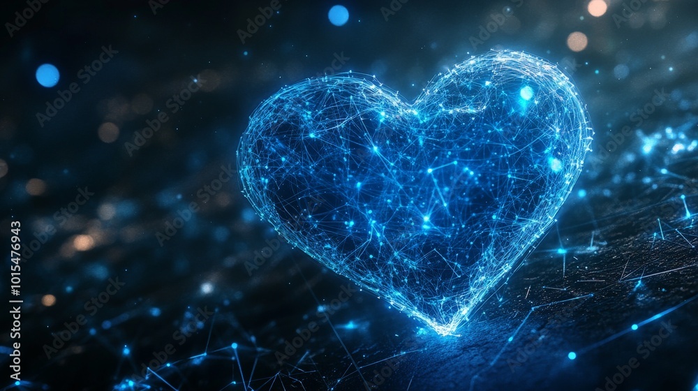 Glowing futuristic heart in digital space with particles and blue light Glowing futuristic heart in digital space with particles and blue light