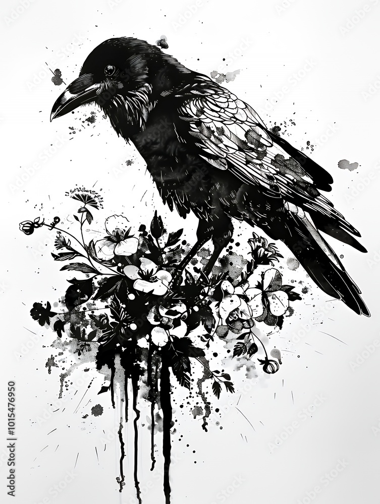 Fototapeta premium Black and white ink illustration of a crow perched on a branch with flowers and ink splatters.