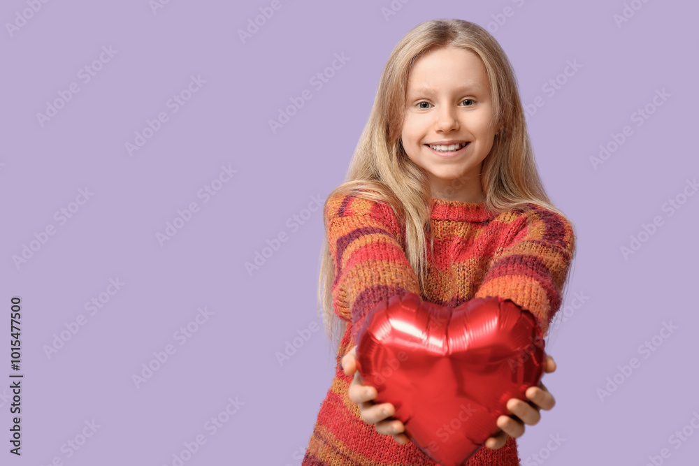 Cute little girl with heart shaped air balloon on lilac background. Valentine's day celebration Cute little girl with heart shaped air balloon on lilac background. Valentine's day celebration