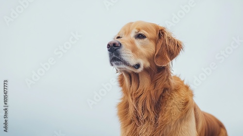  A photo of a dog's face gazing at the distance, set against a backdrop of blue sky