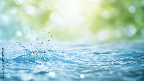 Water drops splashing on the surface of calm blue water with a blurred green background.