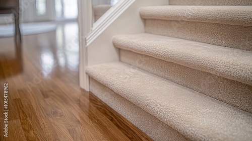 Inviting interior view showcasing textured beige carpeted stairs seamlessly transitioning to a polished hardwood landing for home design inspiration