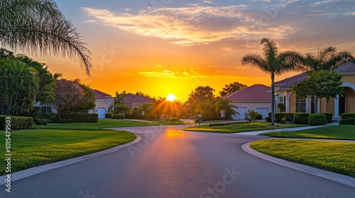 Picturesque Sunset over Upscale Residential Suburbs in Sarasota with Low-Density Homes in Tranquil Cul-De-Sac Setting Peaceful Neighborhood Charm