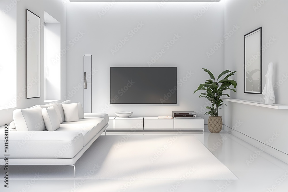 Modern minimalist living room design with white sofa, flat-screen TV. Wooden coffee table, large window with white curtains. Potted plant on windowsill, gray rug on floor. Harmonious, inviting Modern minimalist living room design with white sofa, flat-screen TV. Wooden coffee table, large window with white curtains. Potted plant on windowsill, gray rug on floor. Harmonious, inviting