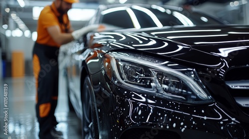 Skilled auto detailer meticulously cleaning a sleek black car showcasing professional car care vehicle maintenance and shine enhancement for luxury vehicles