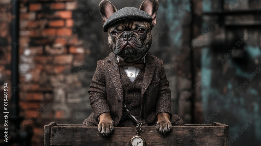 A stylish French Bulldog dressed in a classic brown suit with a bow tie and flat cap sits on a wooden box in an industrial area with brick walls, exuding charm and sophistication. A stylish French Bulldog dressed in a classic brown suit with a bow tie and flat cap sits on a wooden box in an industrial area with brick walls, exuding charm and sophistication.