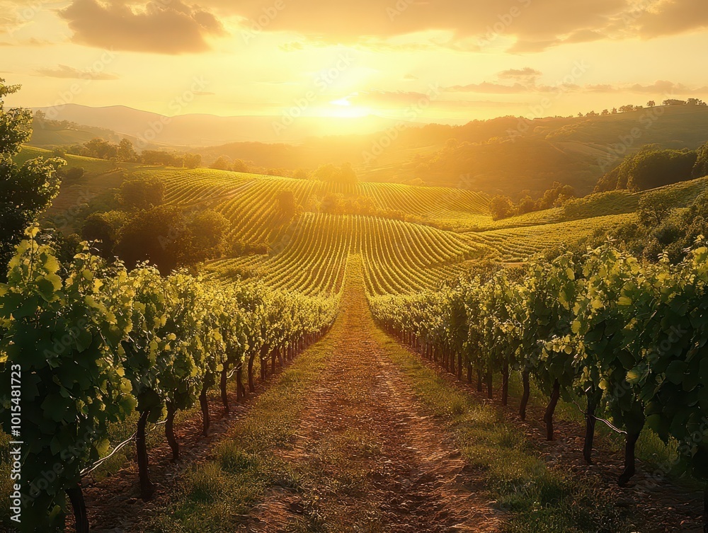 Fototapeta premium breathtaking tokaj vineyards in hungary, featuring rows of grapevines draped across rolling hills, bathed in golden sunlight, representing the beauty of winemaking and natures bounty
