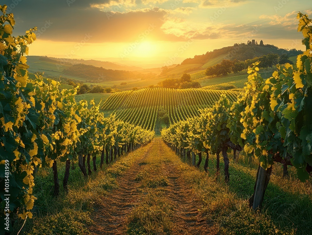 Fototapeta premium breathtaking tokaj vineyards in hungary, featuring rows of grapevines draped across rolling hills, bathed in golden sunlight, representing the beauty of winemaking and natures bounty