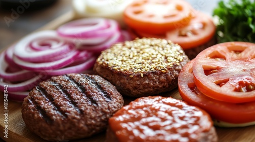 Fresh burger preparation ingredients on a wooden table featuring lettuce tomatoes and patties ready for cooking emphasizing culinary creativity and wholesome flavors