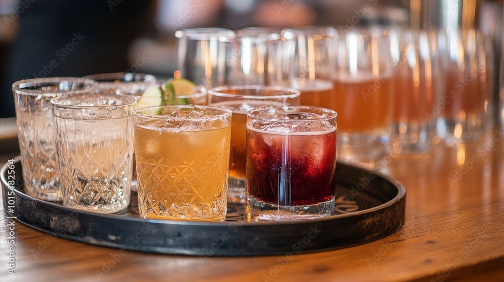 Vibrant array of cocktail glasses on a bar tray showcasing mixology art colorful drinks and festive ambiance for social gatherings and celebrations Vibrant array of cocktail glasses on a bar tray showcasing mixology art colorful drinks and festive ambiance for social gatherings and celebrations