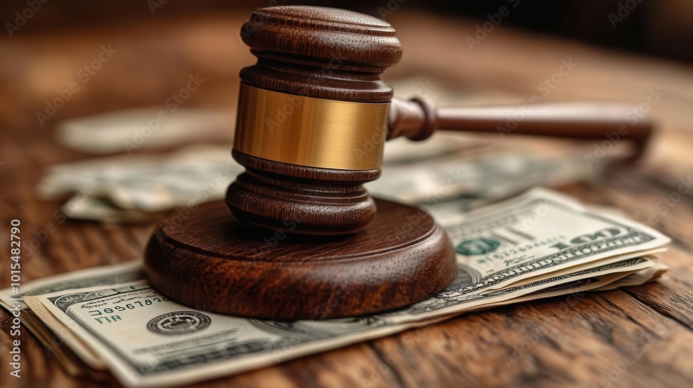 flat lay image showcases a wooden gavel resting atop a stack of dollar bills set against a warm brown background symbolizing justice and finance in a cohesive composition
