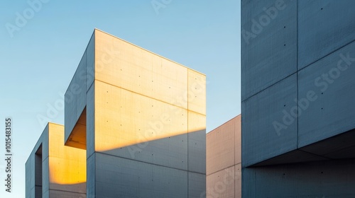 Evening sunlight illuminating modern concrete architecture showcasing sleek lines and angular corners embodying urban elegance and contemporary design principles