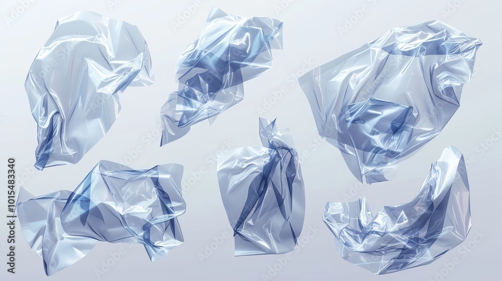 A collection of floating, crumpled, plastic-like transparent shapes against a light gray backdrop. Their smooth surfaces and fluid forms suggest movement and lightness, creating a minimalist A collection of floating, crumpled, plastic-like transparent shapes against a light gray backdrop. Their smooth surfaces and fluid forms suggest movement and lightness, creating a minimalist