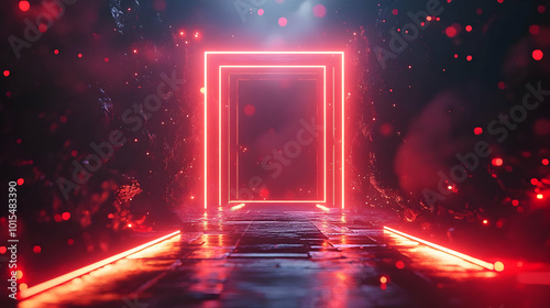 Red Neon Glowing Portal 3D Illustration