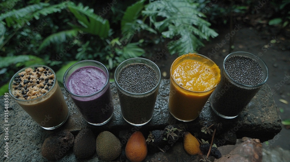 A group of smoothies resting atop a rock alongside a mound of fruits and vegetables A group of smoothies resting atop a rock alongside a mound of fruits and vegetables