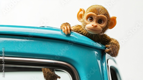   A blue car with a toy monkey perched on top and its head poking out the window