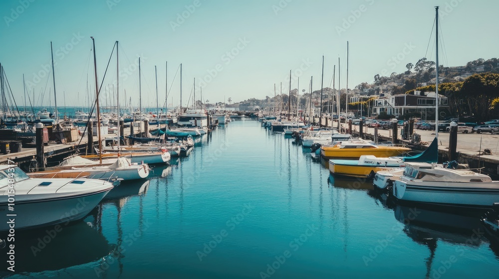 Fototapeta premium A bustling harbor filled with boats docked side by side, creating a vibrant scene of maritime activity under a clear sky