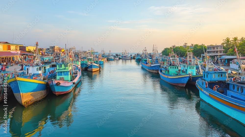 A bustling harbor filled with boats docked side by side, creating a vibrant scene of maritime activity under a clear sky A bustling harbor filled with boats docked side by side, creating a vibrant scene of maritime activity under a clear sky