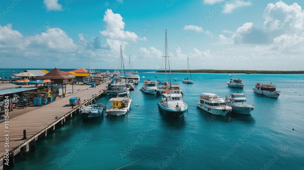 A busy port with numerous boats docked along the wooden pier, surrounded by calm blue waters and a bright sky A busy port with numerous boats docked along the wooden pier, surrounded by calm blue waters and a bright sky