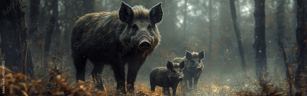 Wild boar mother and babies captured in golden light in forest scene Wild boar mother and babies captured in golden light in forest scene