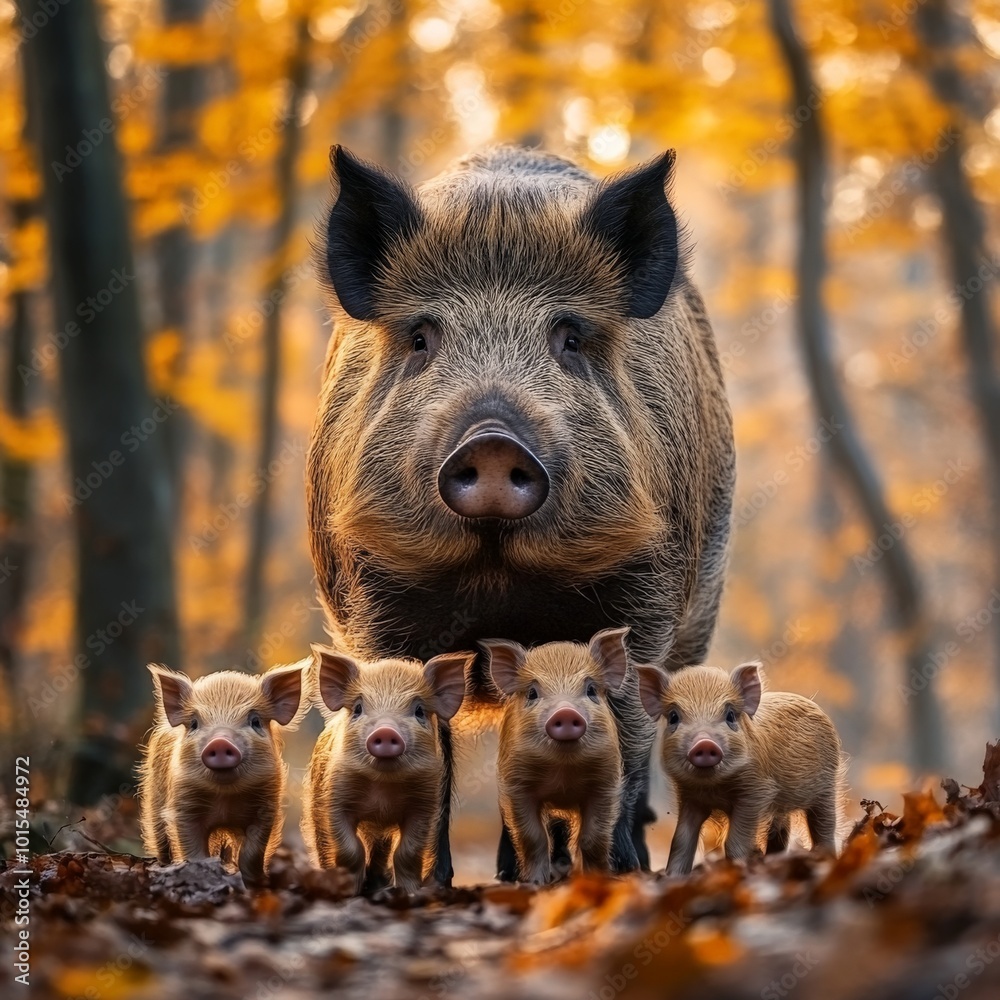 Wild boar mother and babies captured in golden light in forest scene Wild boar mother and babies captured in golden light in forest scene