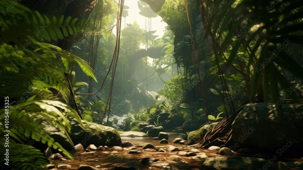 Tropical jungles of Southeast Asia with green wild plants. Neural network ai generated art Tropical jungles of Southeast Asia with green wild plants. Neural network ai generated art
