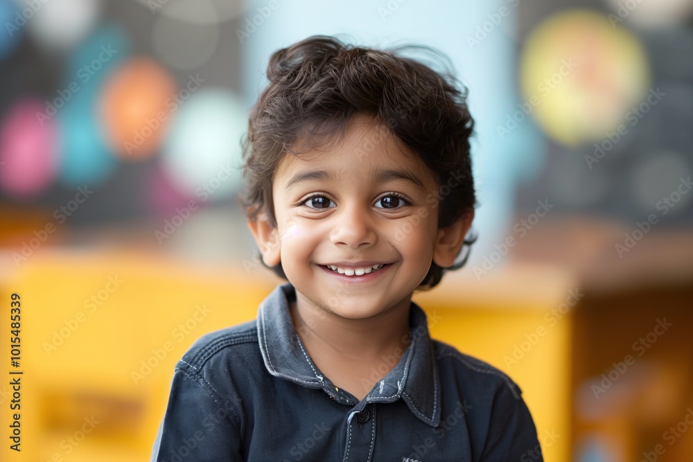 Young Indian boy with curly hair smiles at camera. Wearing blue shirt, looking directly at lens. Colorful mural background, yellow chair contrast. Happy child portrait in studio setting. Young Indian boy with curly hair smiles at camera. Wearing blue shirt, looking directly at lens. Colorful mural background, yellow chair contrast. Happy child portrait in studio setting.