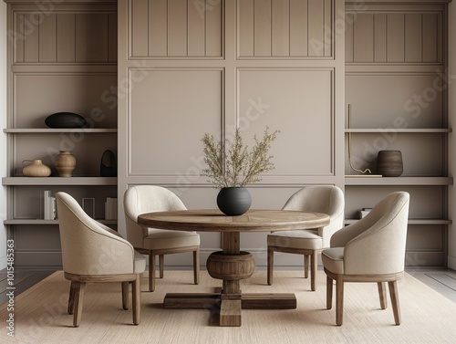 Rustic round table in spacious room with paneling wall. Beige fabric chairs, Scandinavian interior design, modern living room. Plants vase, bookshelf, books, wooden table, white chairs, symmetrical photo