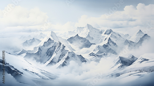 Majestic snow covered mountains rise dramatically against serene sky, enveloped in soft clouds and mist. tranquil landscape evokes sense of peace and wonder.