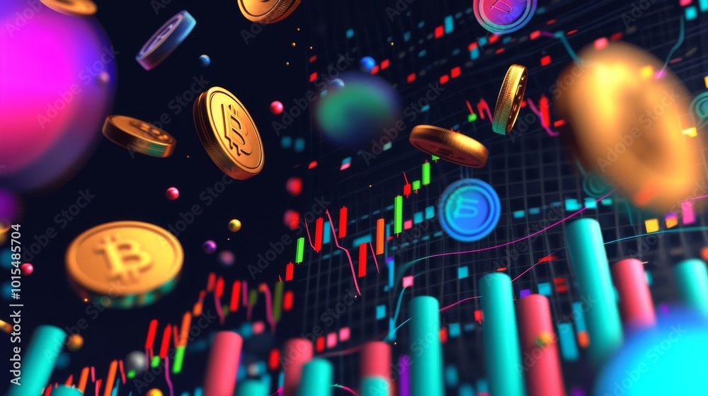 Fototapeta premium Colorful digital coins, including Bitcoin symbols, float against a background of financial data charts, representing the dynamic and fluctuating cryptocurrency market.