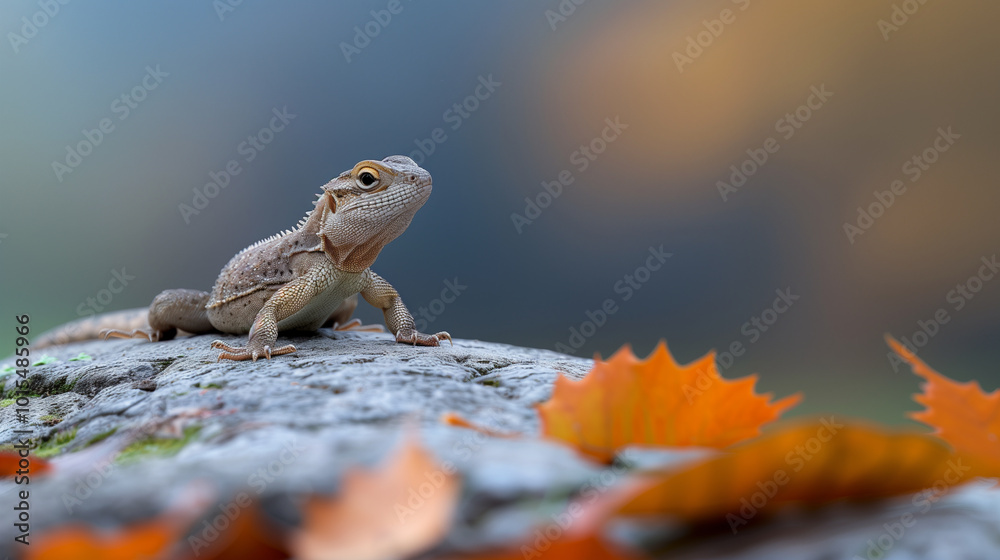 A lizard perched on rock surrounded by autumn leaves, showcasing its unique texture and colors. serene background enhances natural beauty of this reptile.