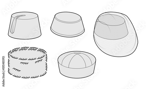 Set of Pillbox shape Hats - Sailor Doughboy, Fez Cossack. Head Fashion accessory cap clothing technical illustration. Vector headgear for Men, women, unisex style, flat template mockup sketch outline