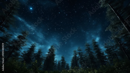 Dark forest and stars on sky at night. Neural network ai generated art