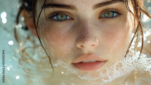 graceful woman emerging from tranquil swimming pool waters her serene face reflecting the calmness of the moment surrounded by soft glimmering light and gentle ripples