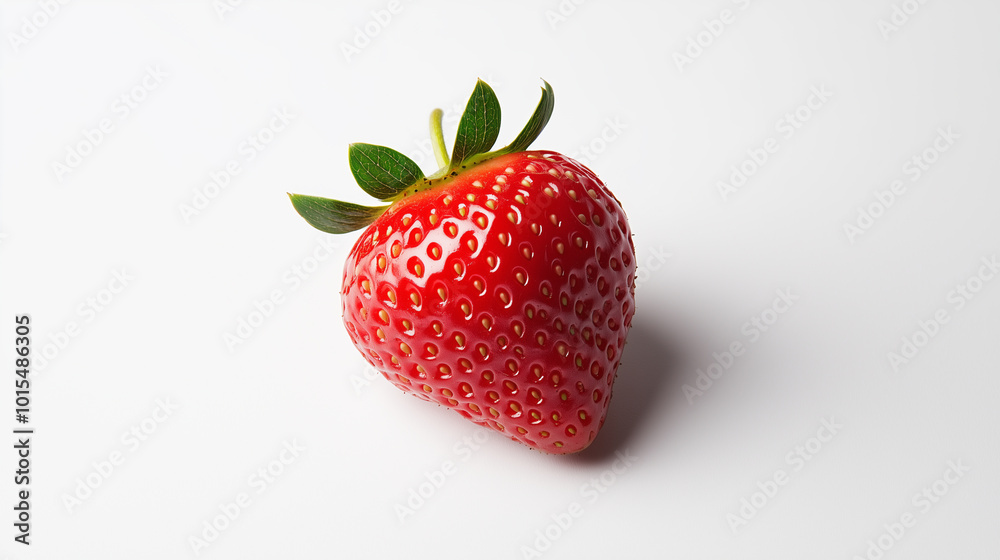 vibrant red strawberry with green leaves on white background. strawberry is fresh and ripe, showcasing its seeds and glossy surface vibrant red strawberry with green leaves on white background. strawberry is fresh and ripe, showcasing its seeds and glossy surface