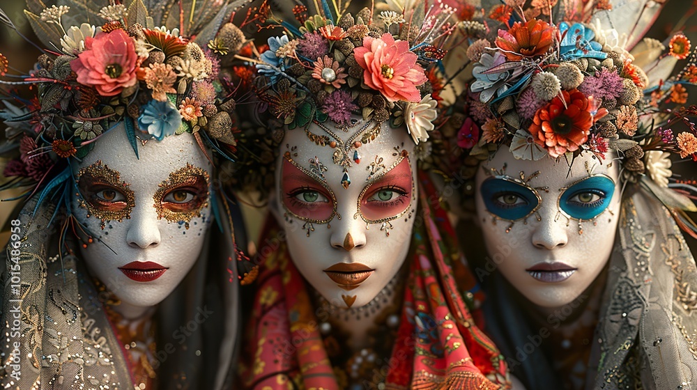 Three Women with Floral Crowns and Face Paint Three Women with Floral Crowns and Face Paint