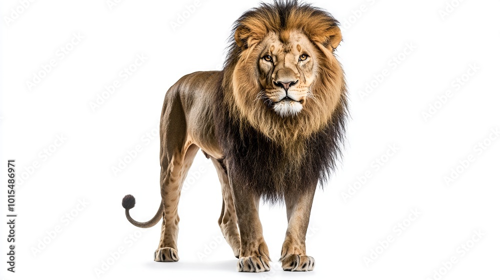Obraz premium A lion's portrait, isolated on a white canvas with a clip-on path to its right