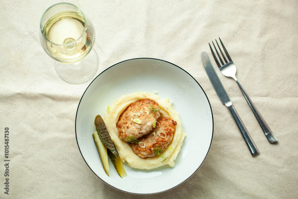 Two chicken cutlets served on a bed of creamy mashed potatoes with pickled cucumbers and garnished with fresh dill and spring onions Two chicken cutlets served on a bed of creamy mashed potatoes with pickled cucumbers and garnished with fresh dill and spring onions
