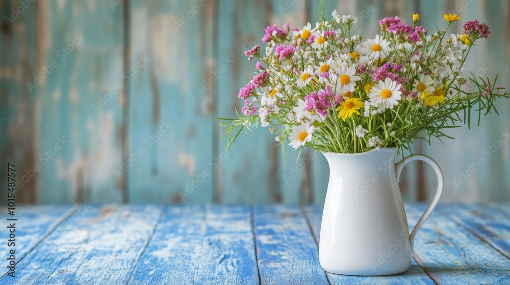 Charming wildflower bouquet in rustic white jug on vintage blue table evoking spring and summer vibes. Perfect for floral enthusiasts and decor inspiration Charming wildflower bouquet in rustic white jug on vintage blue table evoking spring and summer vibes. Perfect for floral enthusiasts and decor inspiration