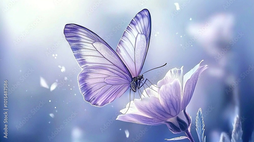 Butterfly flying over purple flower with water droplets and blue sky Butterfly flying over purple flower with water droplets and blue sky