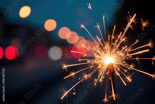 Close-up of a sparkler, with glowing, out-of-focus lights creating a bokeh effect behind it