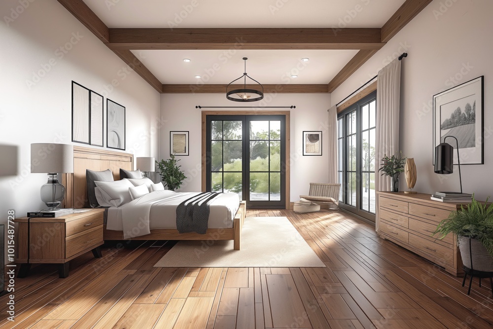 Obraz premium Modern farmhouse bedroom interior design with hardwood floor. Large bed, white comforter, gray blanket, black headboard, natural, wood floor, nightstand, lamp, plant, paintings, dresser, white walls,