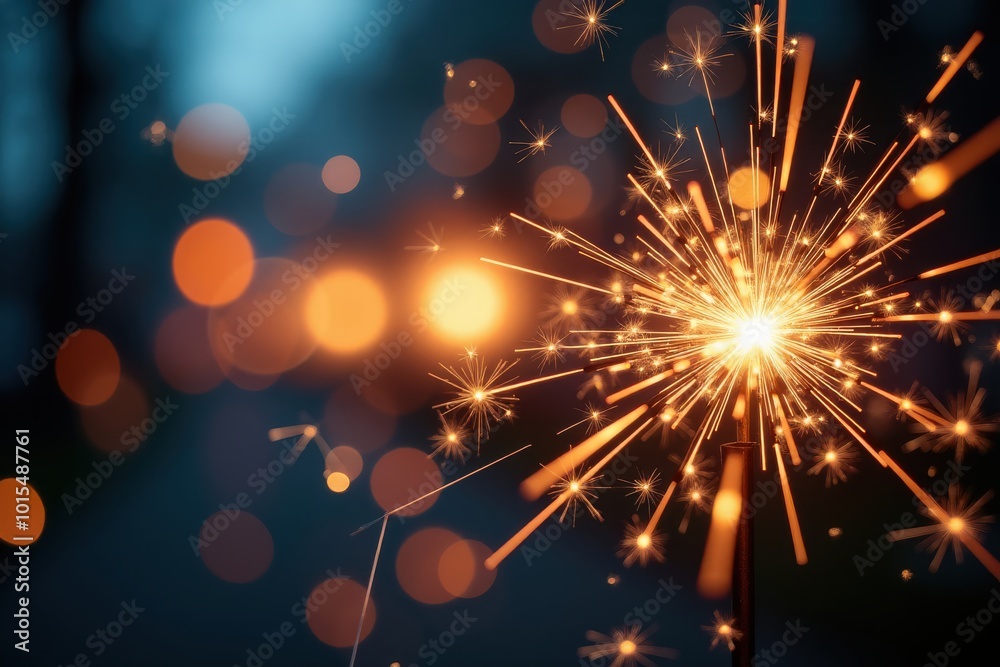 Obraz premium Close-up of a sparkler, with glowing, out-of-focus lights creating a bokeh effect behind it