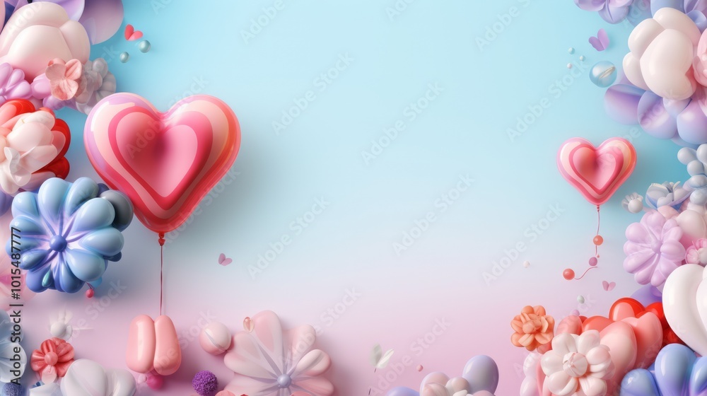Beautiful panoramic background with pink and blue balloons. Neural network ai generated art